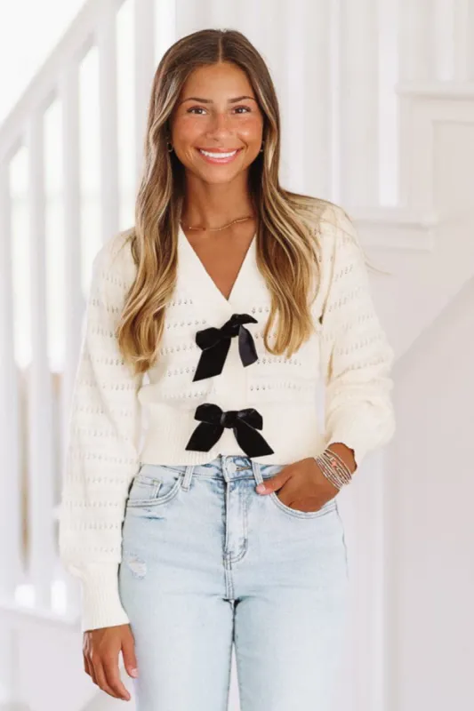 Sweet as Sugar Bow Sweater - Oatmeal and Black sold by Hazel & Olive