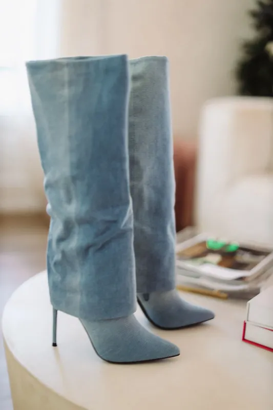 Statement Making Foldover Boots - Denim sold by Hazel & Olive