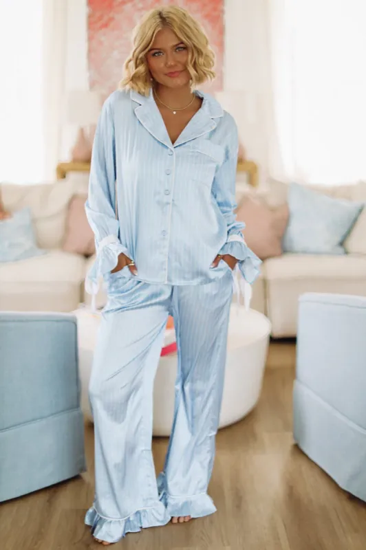 Sleeping on a Cloud Pant and Top Pajama Set - Sky Blue and White sold by Hazel & Olive