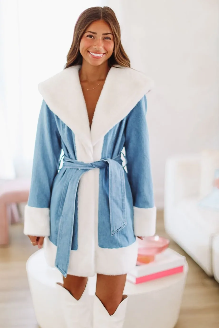 Staying Chic Denim and Faux Fur Coat - Medium Wash sold by Hazel & Olive