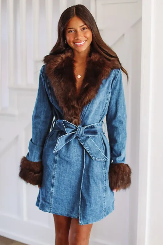 Denim Jacket Long Sleeve Faux Fur Tie Front Washed Denim