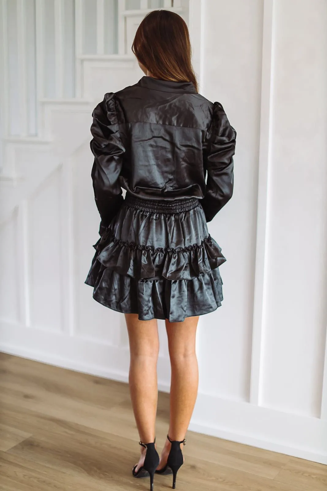 Louise Satin Ruffle Mini Dress - Black (FINAL SALE) sold by Hazel & Olive product image thumbnail 3