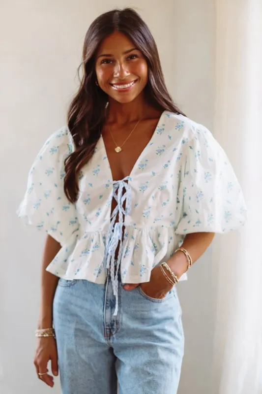 Roses in Bloom Crop Top - Blue and White sold by Hazel & Olive