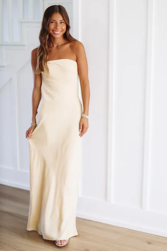 A Diamond is a Long Term Commitment Satin Maxi Dress - Yellow sold by Hazel & Olive