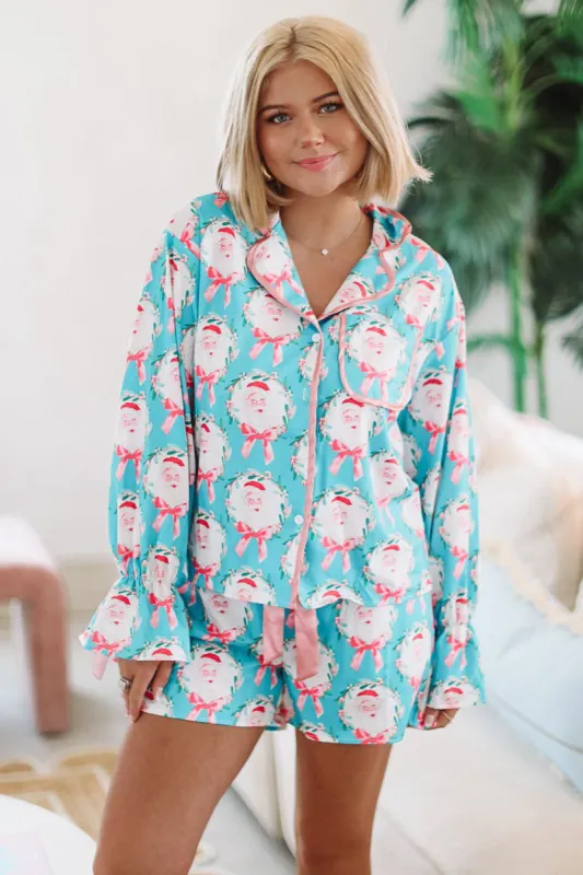 Santa and Bows Pajama Set - Teal sold by Hazel & Olive