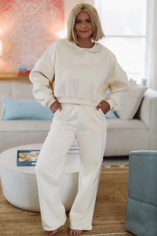 Stay Cozy and Cuddle Wide Leg Sweat Pants  - Cream sold by Hazel & Olive