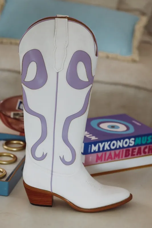 Just a City Girl Cowboy Boots - White and Light Purple sold by Hazel & Olive