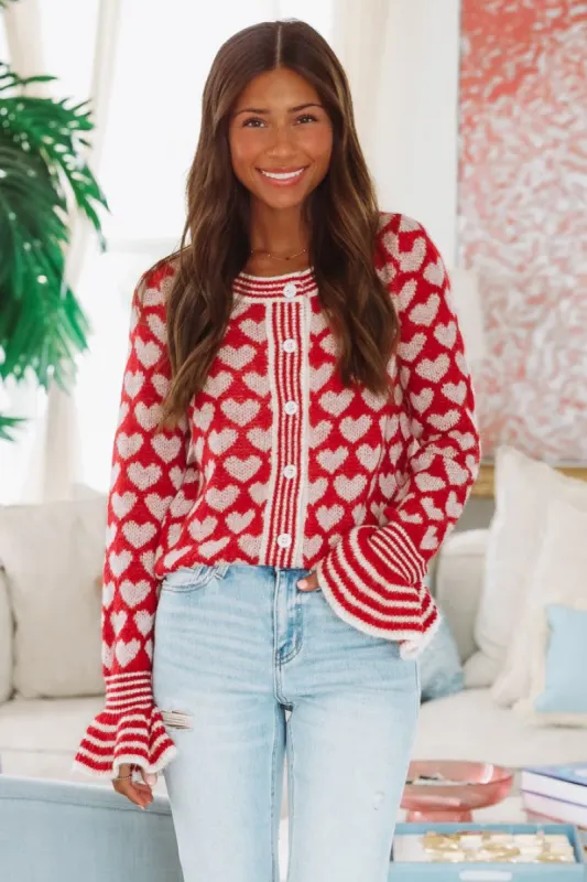 Full of Hearts Cardigan - Red sold by Hazel & Olive