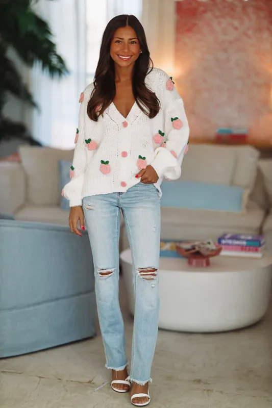 Upgraded Cozy Cardigan Sweater - White and Pink sold by Hazel & Olive