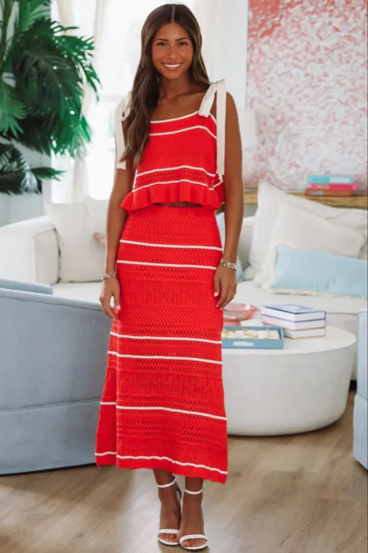 Loving Myself Crochet Knit Midi Skirt - Red and Cream sold by Hazel & Olive