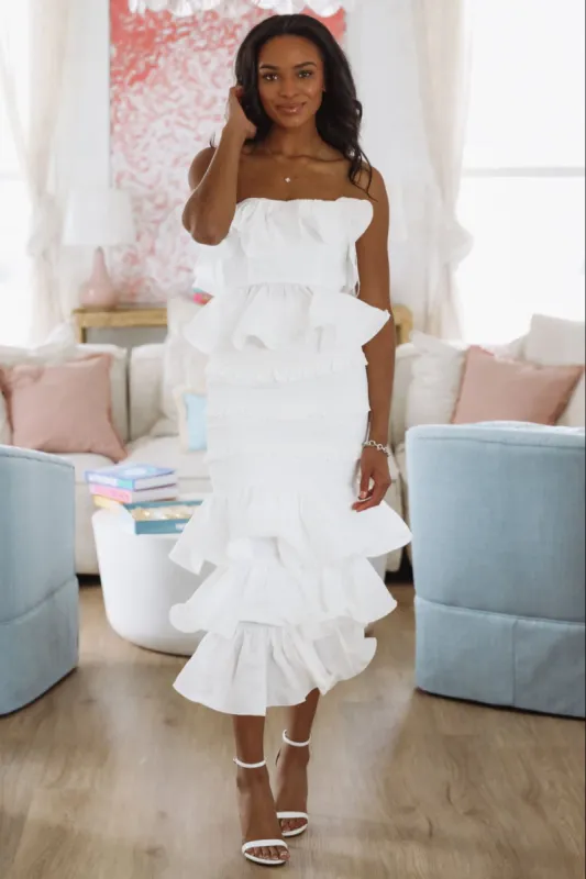 Tranquil Ruffle Top and Maxi Skirt Set - White sold by Hazel & Olive