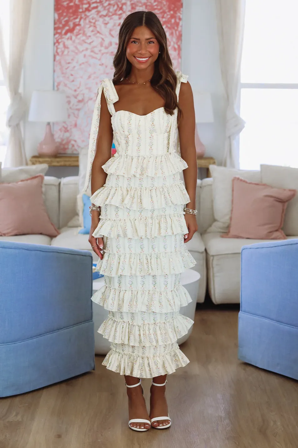 She's Stunning Floral Midi Dress - Light Yellow sold by Hazel & Olive