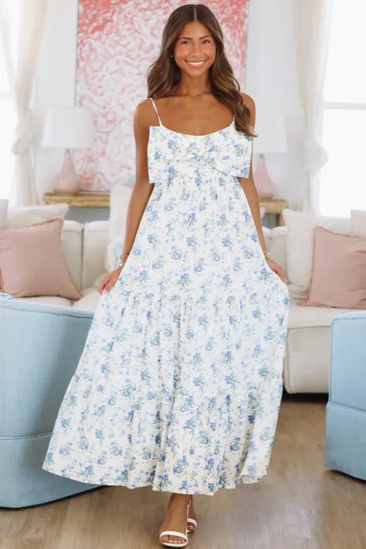 Exciting News Midi Dress - Blue and White sold by Hazel & Olive