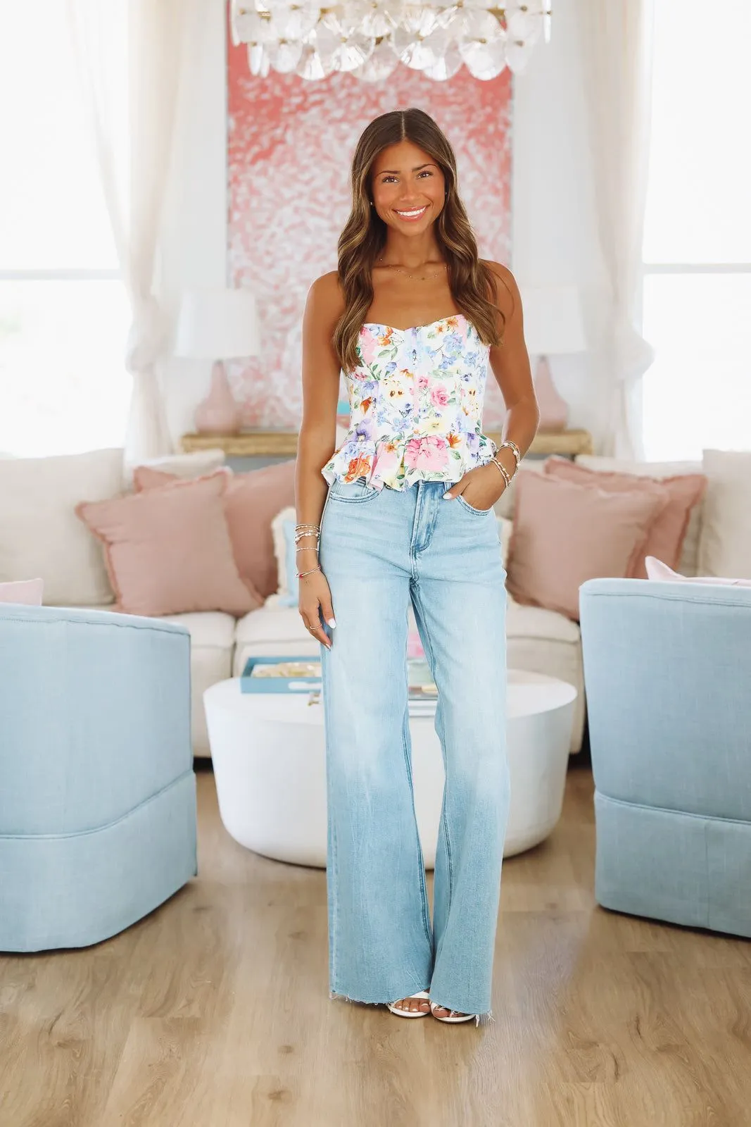 Bad Idea Denim Corset Top - White, Blue and Pink sold by Hazel & Olive product image thumbnail 2