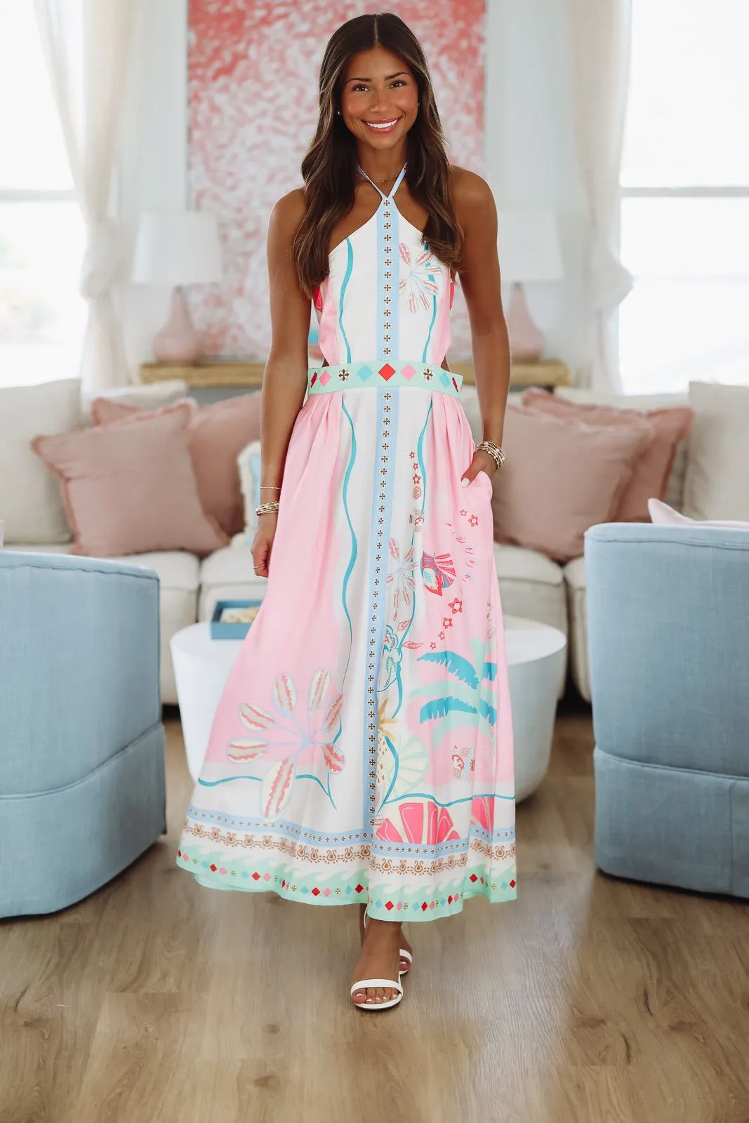 About the Print Maxi Dress - White, Pink and Blue sold by Hazel & Olive product image thumbnail 2