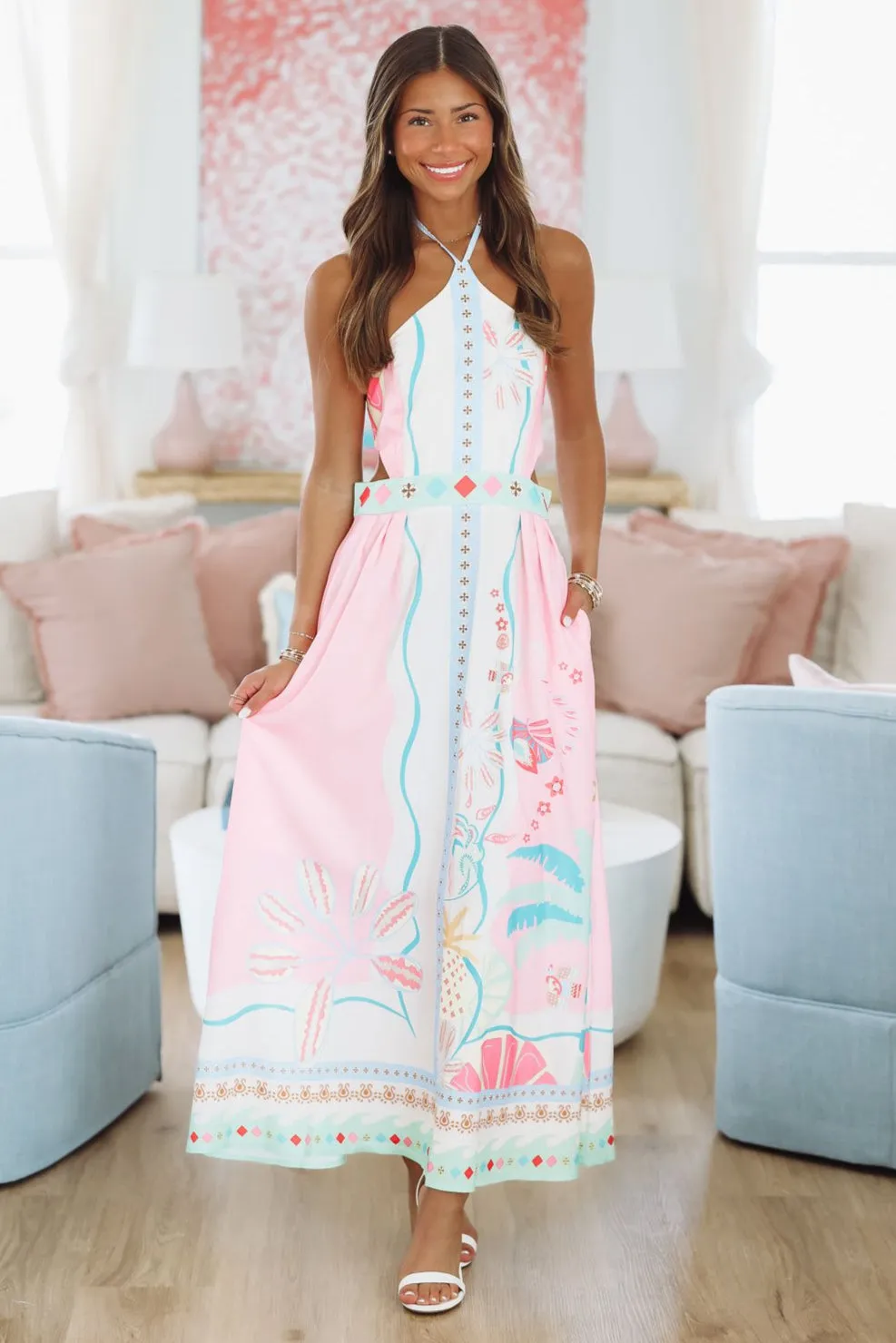About the Print Maxi Dress - White, Pink and Blue sold by Hazel & Olive