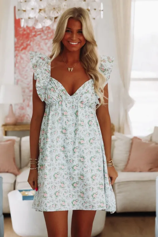 Petal Play Mini Dress - Light Blue and Pink sold by Hazel & Olive