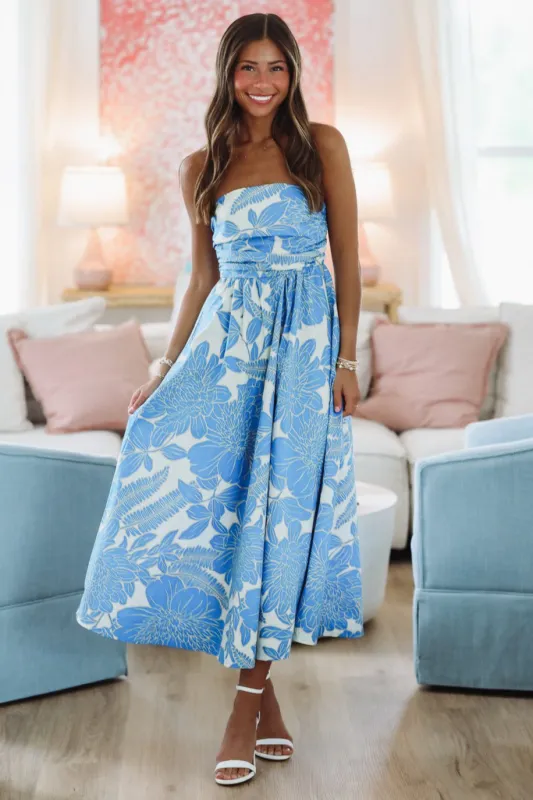 Tropical Paradise Midi Dress - Blue and White sold by Hazel & Olive