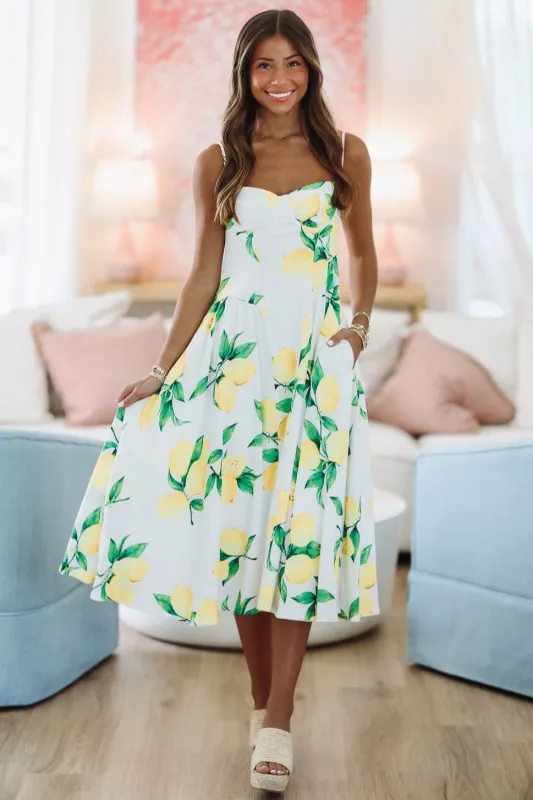 Paloma Midi Dress - White, Yellow and Green sold by Hazel & Olive