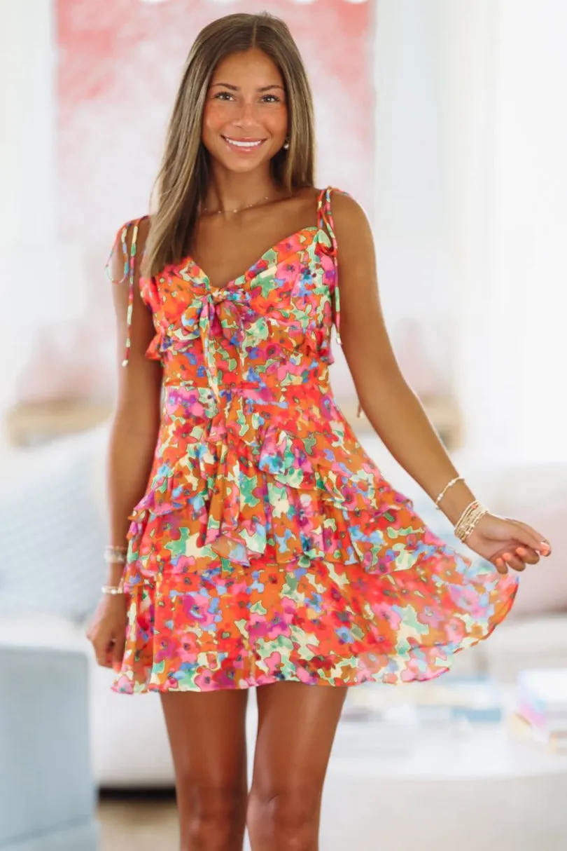 Let's Celebrate Mini Dress - Orange and Pink sold by Hazel & Olive