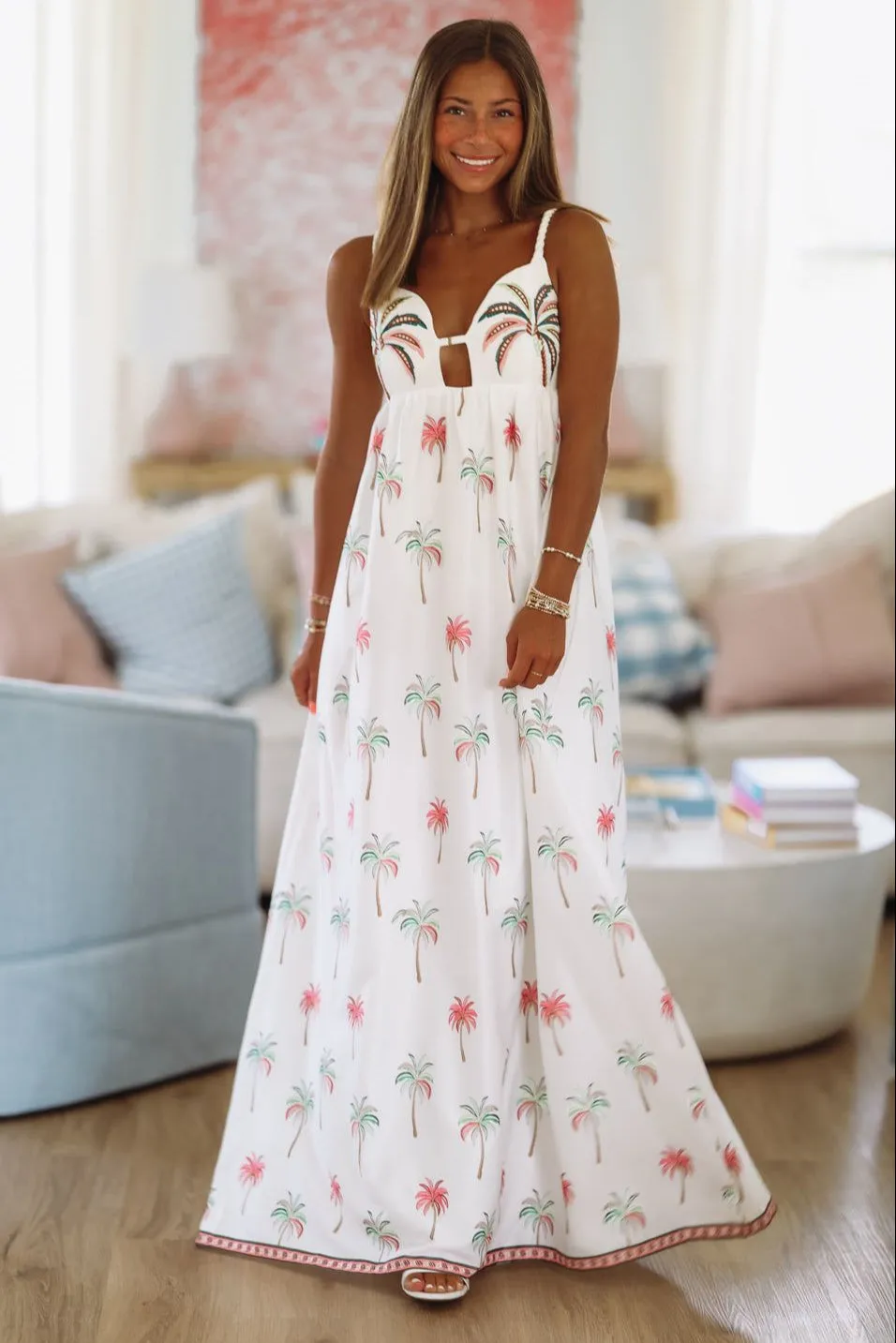 Hawaiian Luau Maxi Dress - White, Pink and Green sold by Hazel & Olive