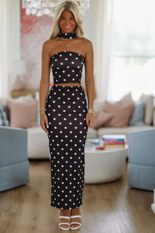 Polka My Dots Top and Maxi Skirt Set - Black sold by Hazel & Olive