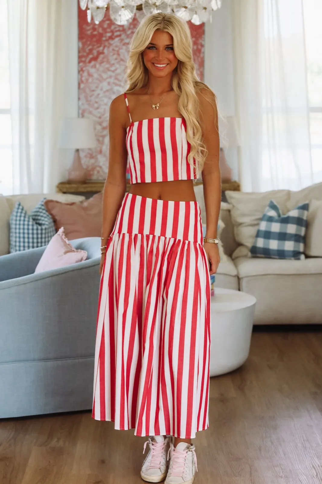 Stadium Stripes Maxi Skirt - Red and White sold by Hazel & Olive product image thumbnail 2
