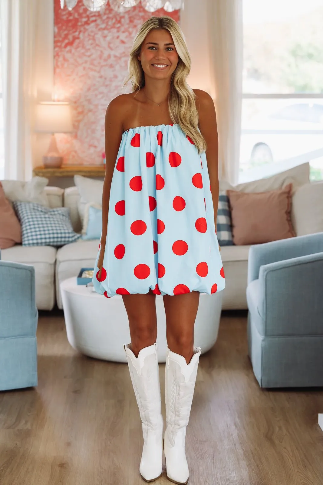 Pardon My Dots Mini Dress - Light Blue and Red sold by Hazel & Olive product image thumbnail 3