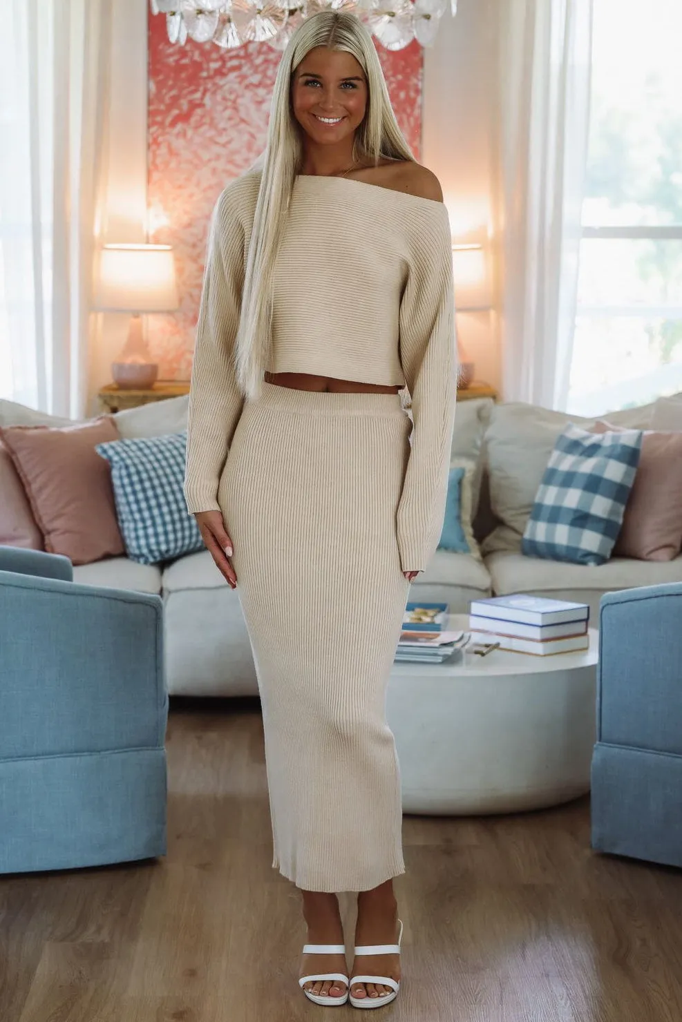 Still Waiting Knit Crop Top and Midi Skirt Set - Light Taupe sold by Hazel & Olive