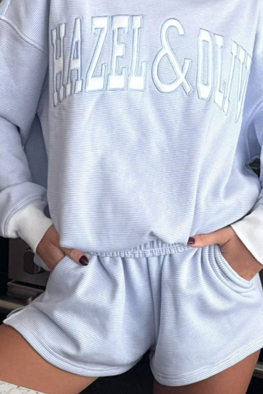 H&O Stripe Sweat Shorts - Light Blue and White sold by Hazel & Olive