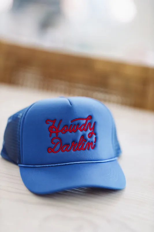 Howdy Darlin' Embroidered Trucker Hat -  Blue sold by Hazel & Olive
