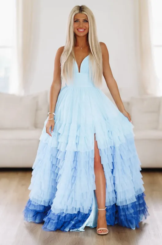 Purely Romantic Ombre Ruffle Tiered Maxi Gown - Light Blue sold by Hazel & Olive