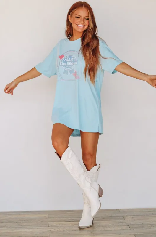Pabst Blue Ribbon Beer Graphic Tee / T shirt Dress - Light Blue sold by Hazel & Olive