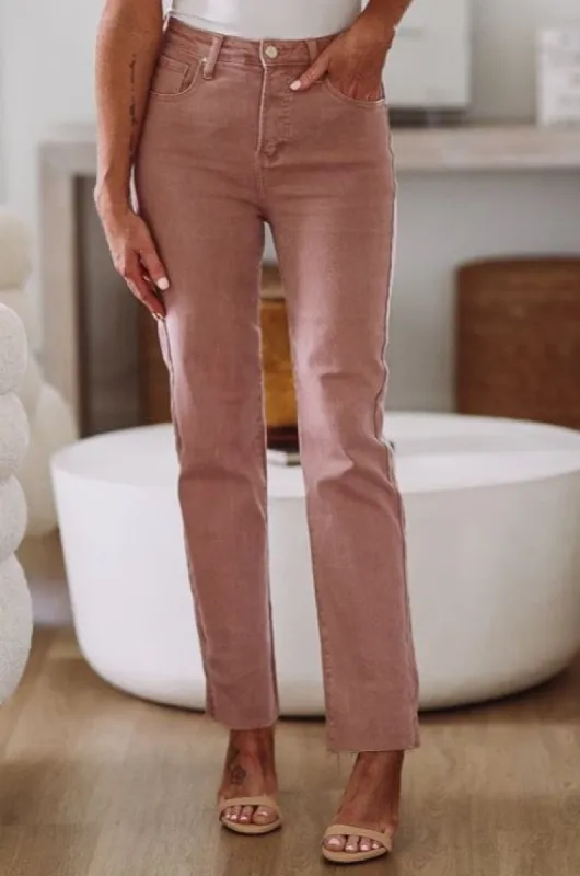 Tummy Control Button Down Risen Straight Leg High Rise Jeans - Mauve sold by Hazel & Olive