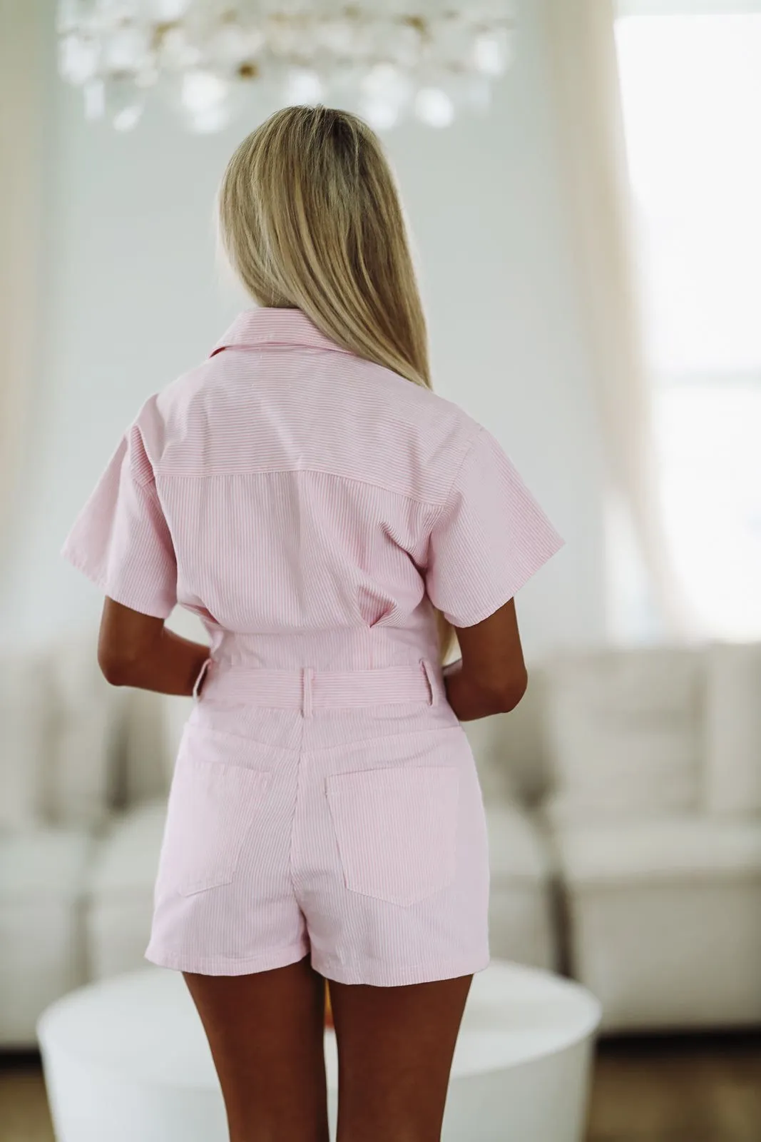 Go Get It Demin Romper - Pink and White sold by Hazel & Olive product image thumbnail 4