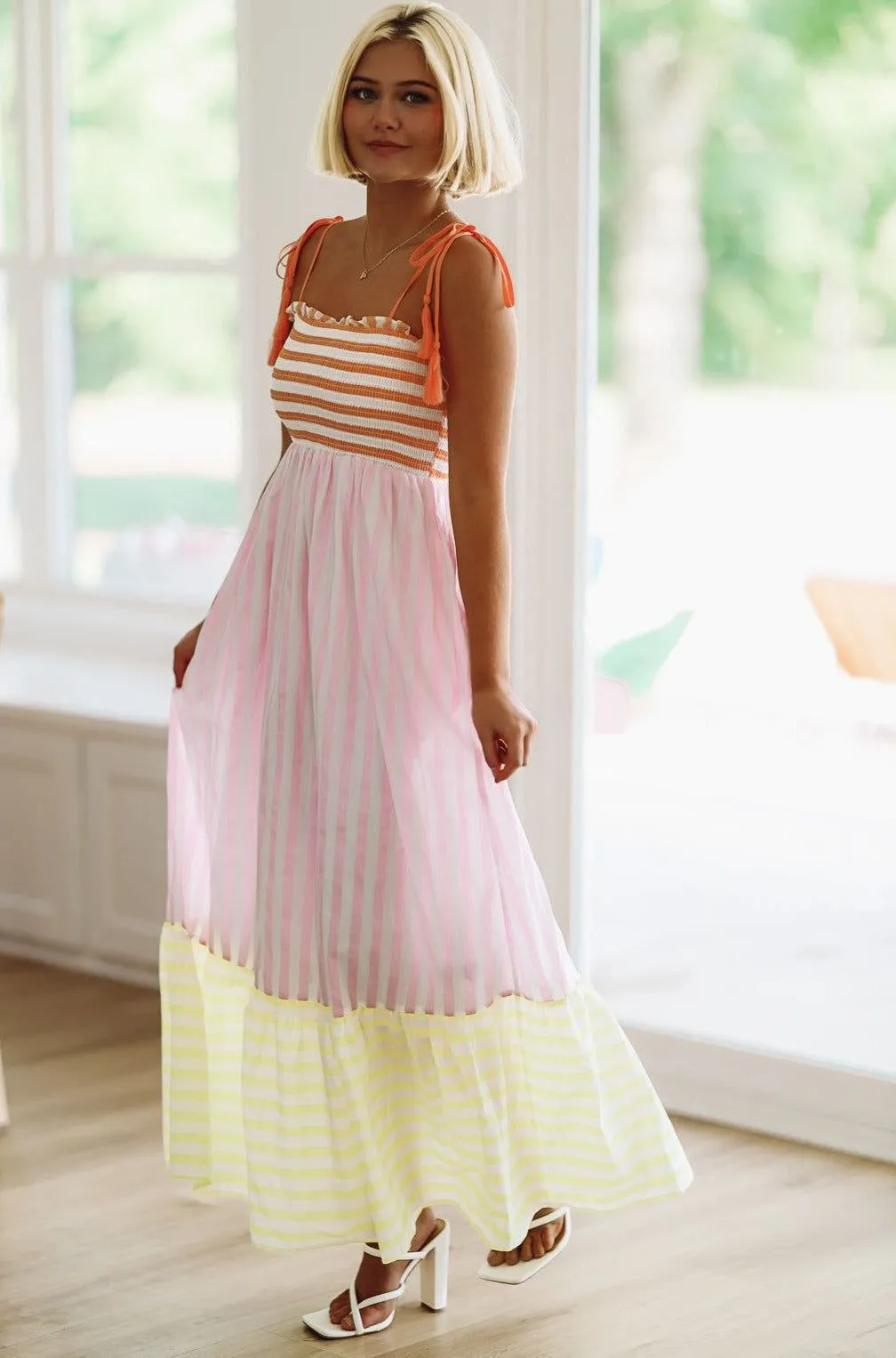 Striped Sherbet Maxi Dress - Pink, Orange and Yellow sold by Hazel & Olive