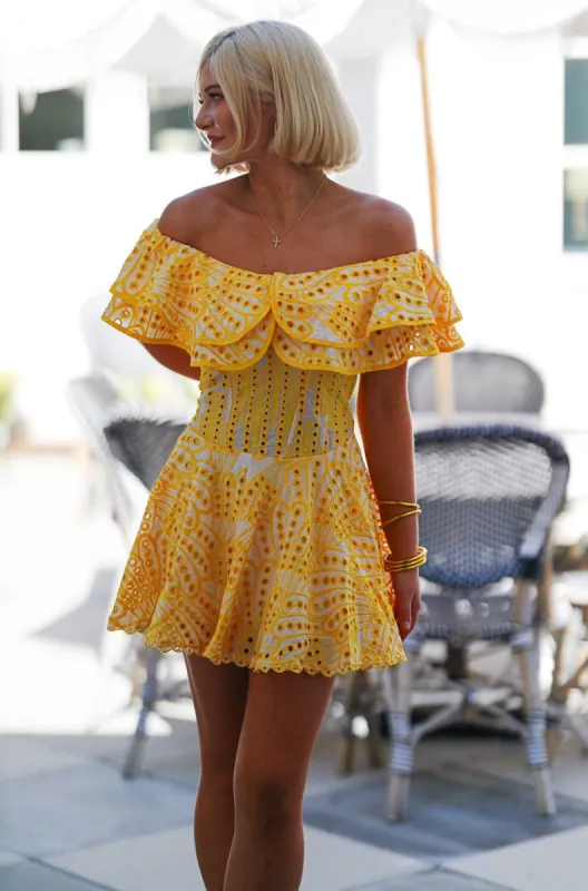 Eye in the Sky Mini Dress - Yellow and White sold by Hazel & Olive