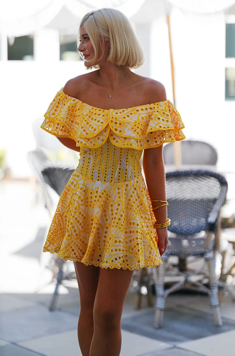 Eye in the Sky Mini Dress - Yellow and White sold by Hazel & Olive