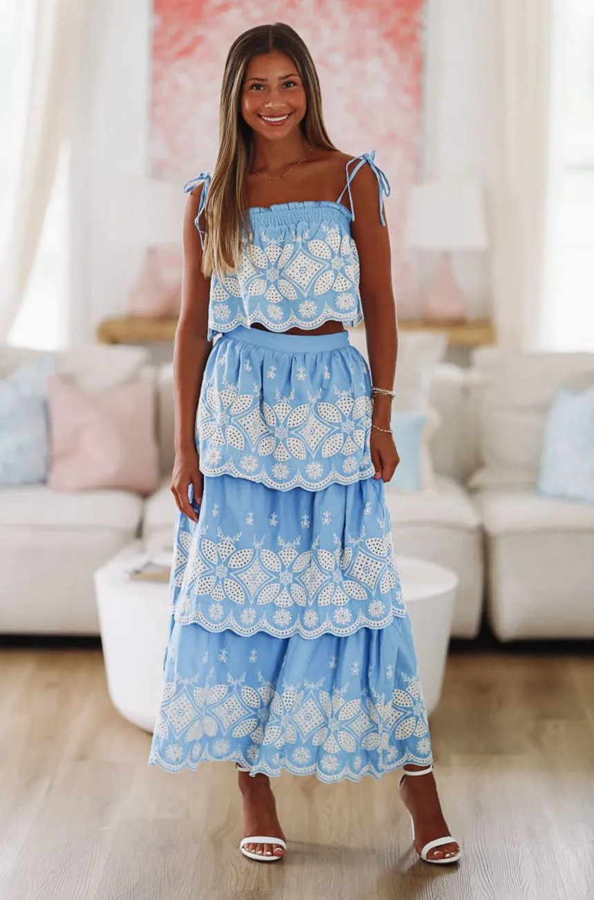 Festival in the Sand Crop Top and Skirt Set - Blue and White sold by Hazel & Olive
