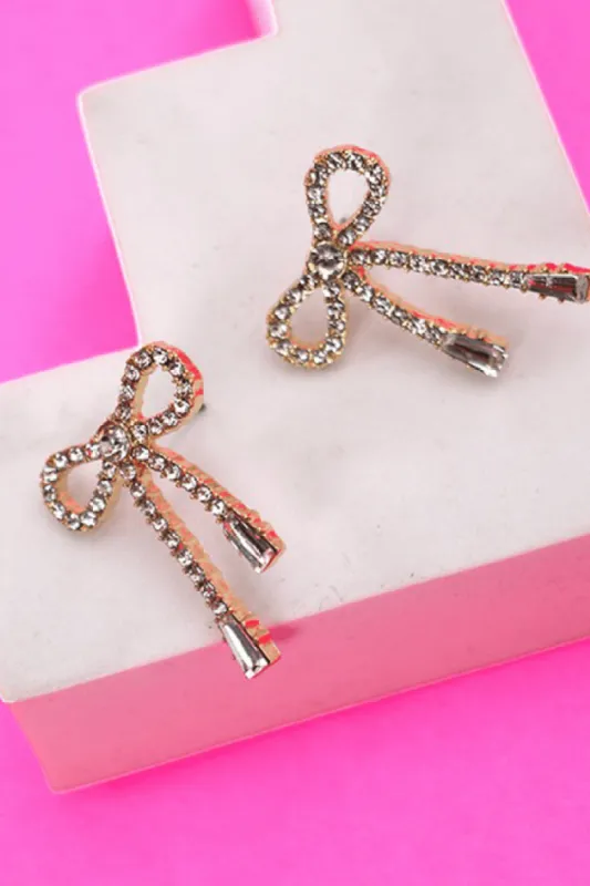 Keep It Cute Bow Earrings - Rhinestone Gold sold by Hazel & Olive
