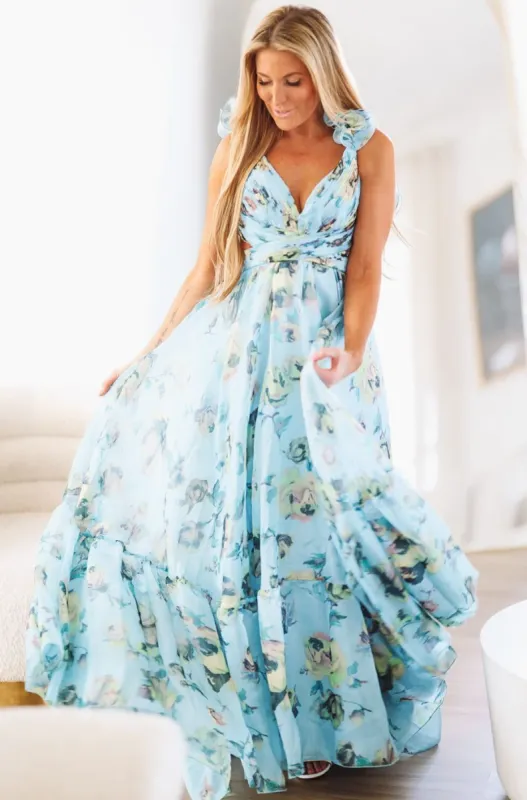 For Keeps Maxi Gown - Floral Blue sold by Hazel & Olive