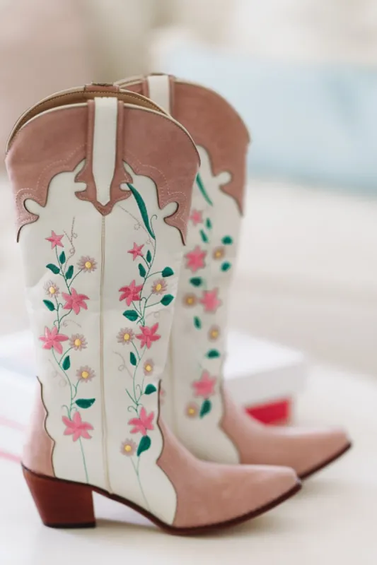 Flower Girl Embroidered Boots - Cream and Pink sold by Hazel & Olive