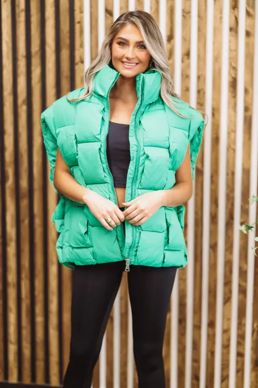 Woven Checks Puffer Vest - Kelly Green sold by Hazel & Olive