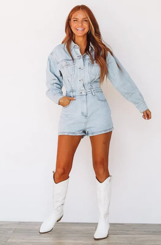 Roll With Us Denim Romper - Light Wash sold by Hazel & Olive