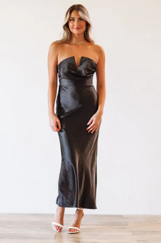 Fashionably Late Satin Midi Dress - Black sold by Hazel & Olive