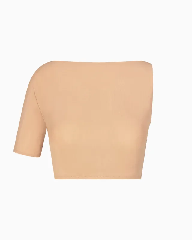 Mesh Stretch Micro One Shoulder Top | Nude sold by KHY