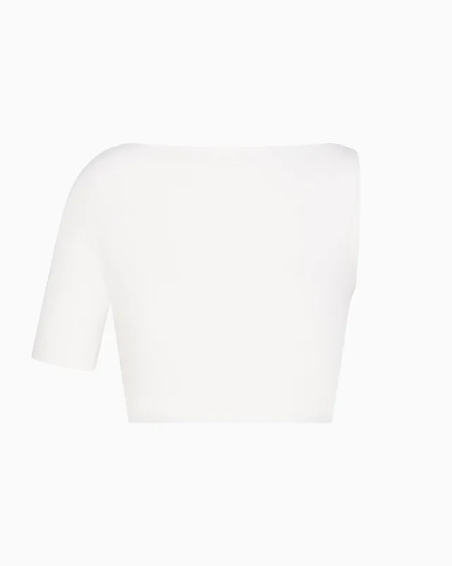 Sleek Stretch Micro One Shoulder Top | Bright White sold by KHY