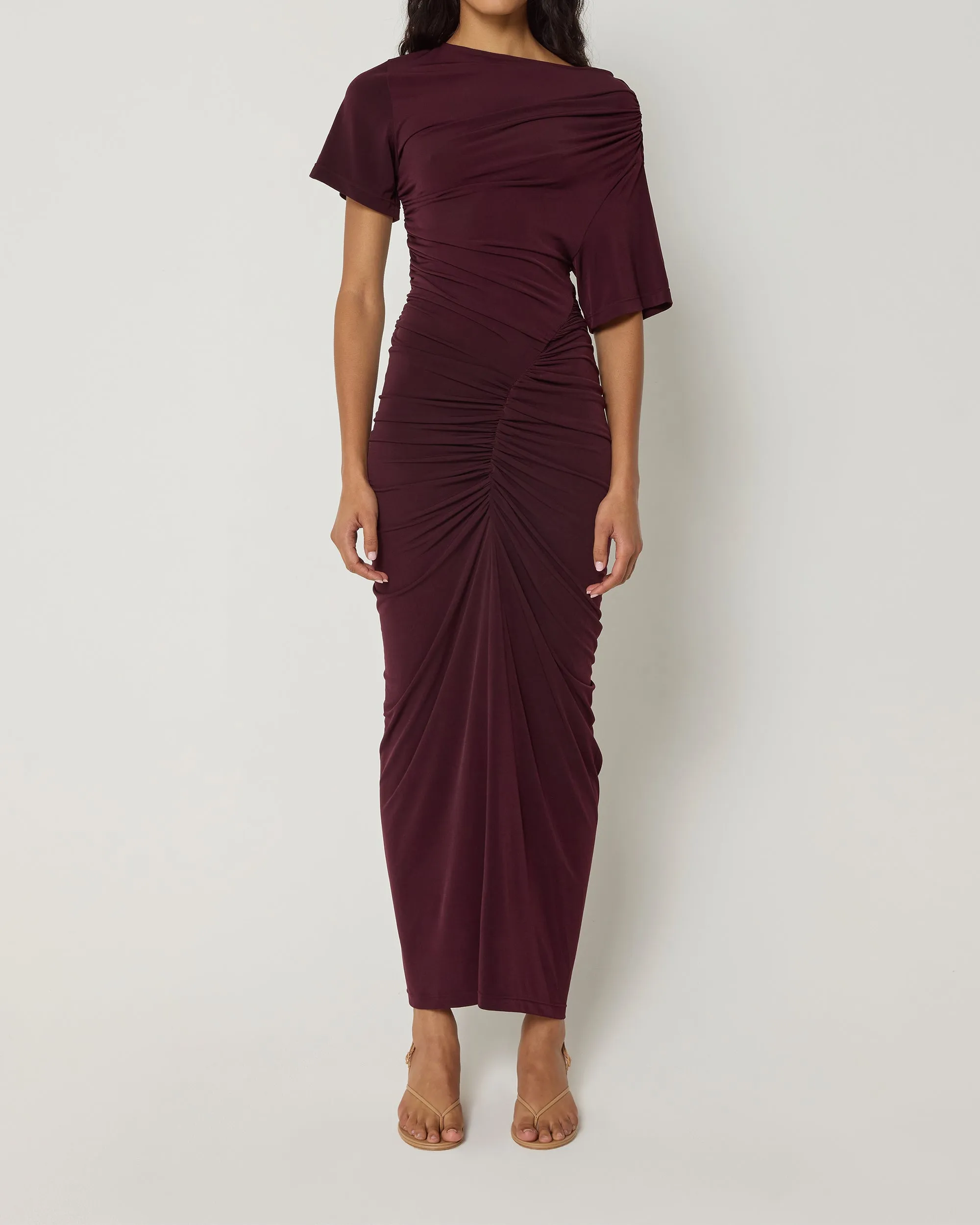 khy asymmetrical ruched dress | Black Cherry Shoulder