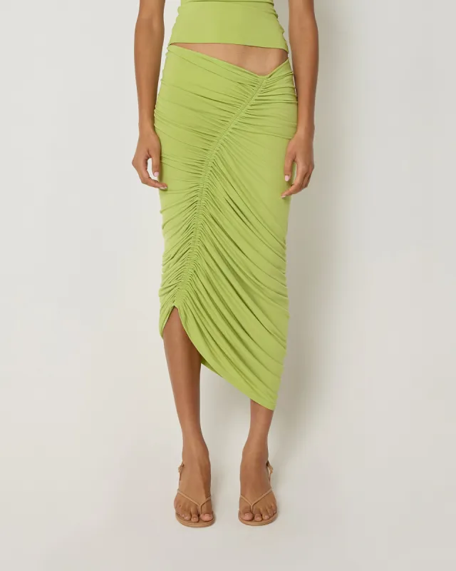 Asymmetrical Ruched Skirt | Dark Citron sold by KHY