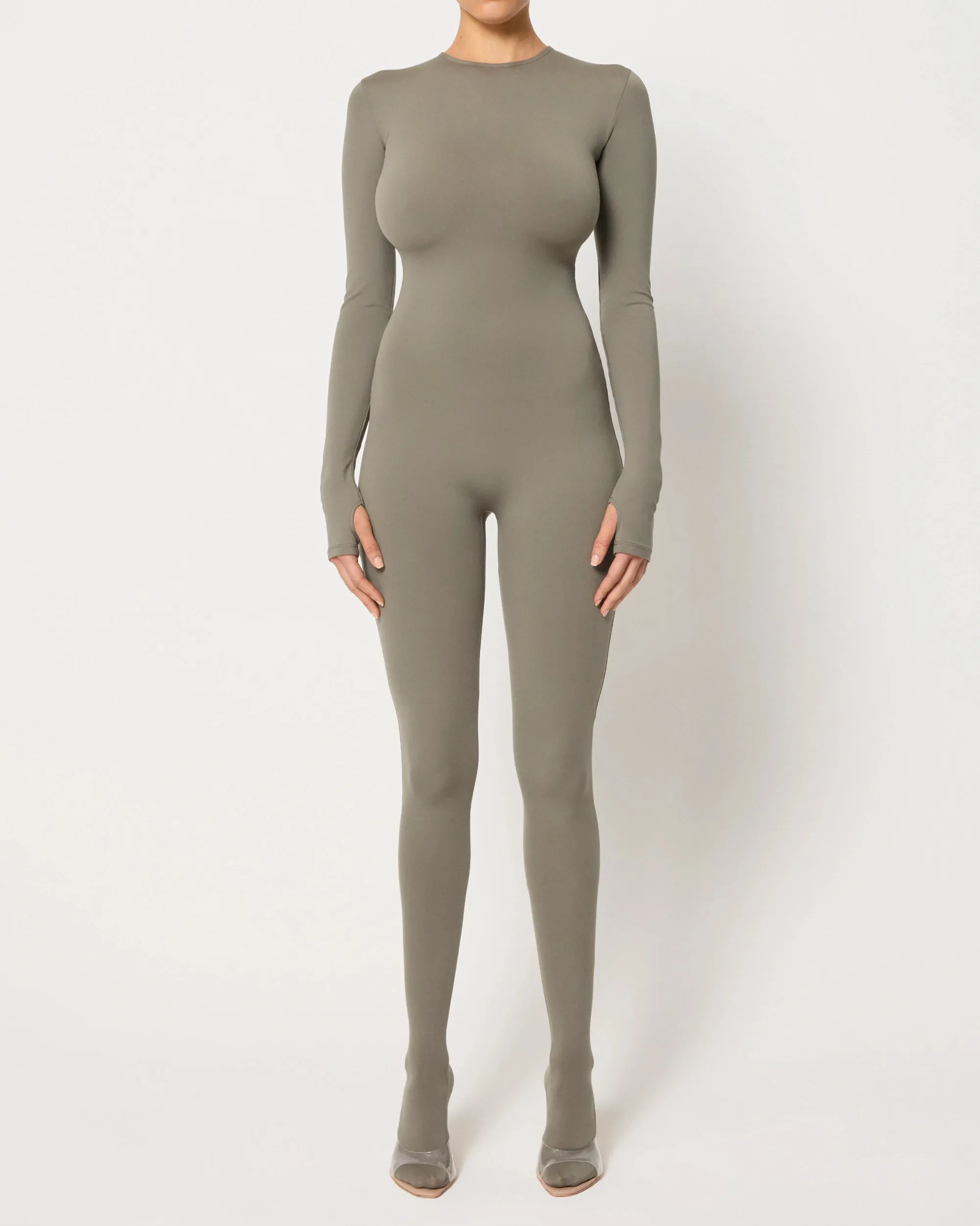 Long Sleeve Footed Catsuit | Dusty Olive sold by KHY product image thumbnail 2